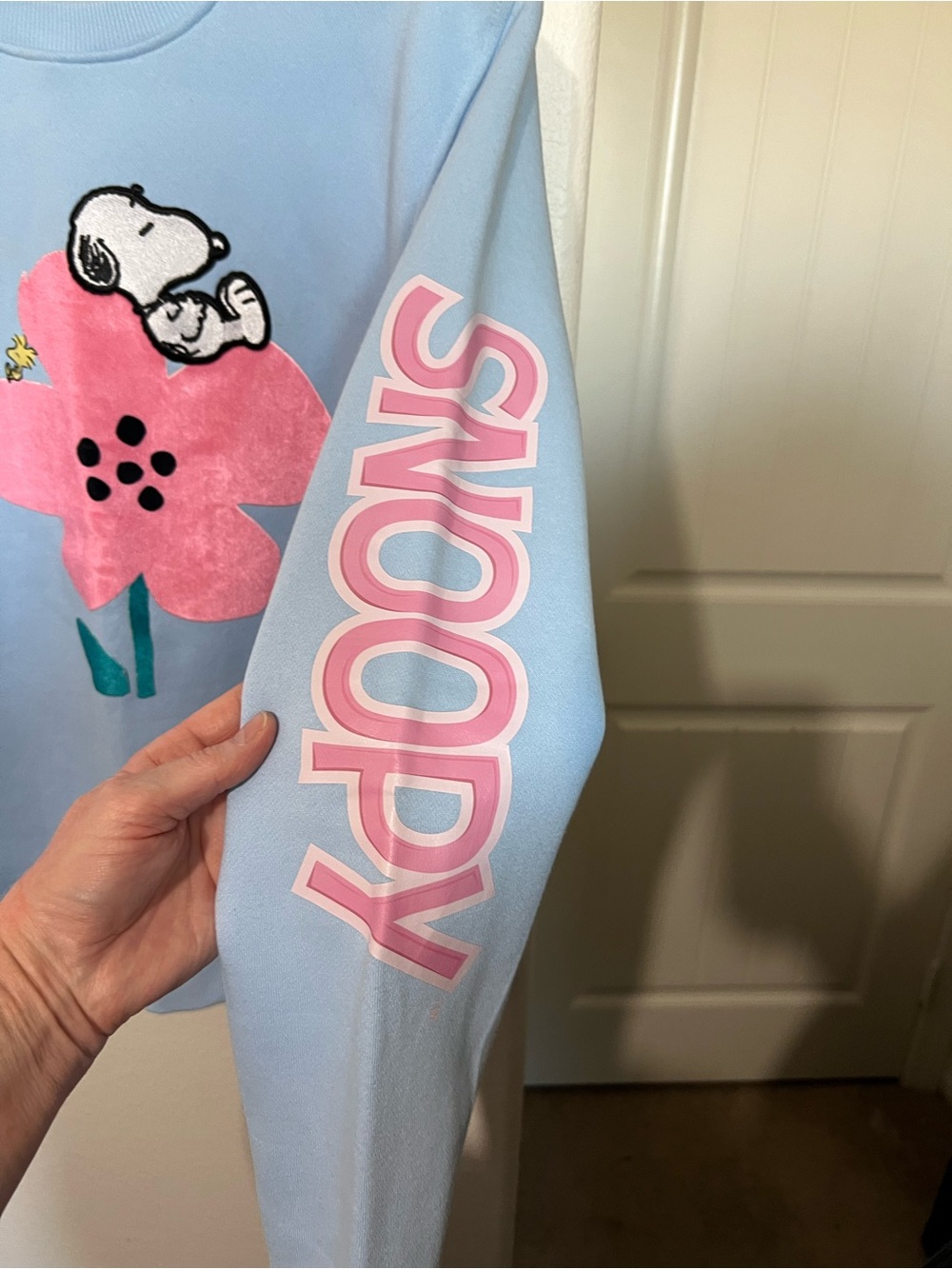 Peanuts Freeze Max Light Blue Crewneck with Pink Flower & Snoopy Graphic - Picture 9 of 15
